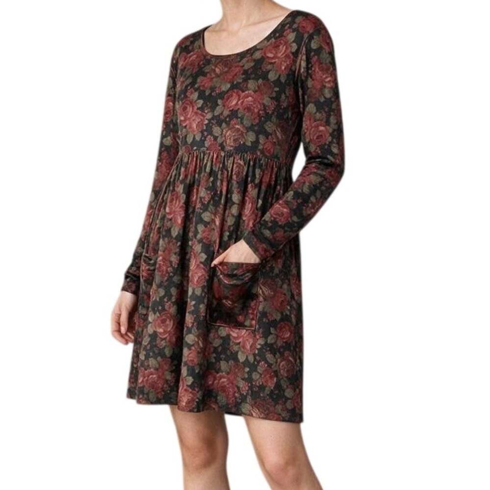 Vintage 90s Moda Intl Black Rose Floral Velvet Mini Babydoll Dress S